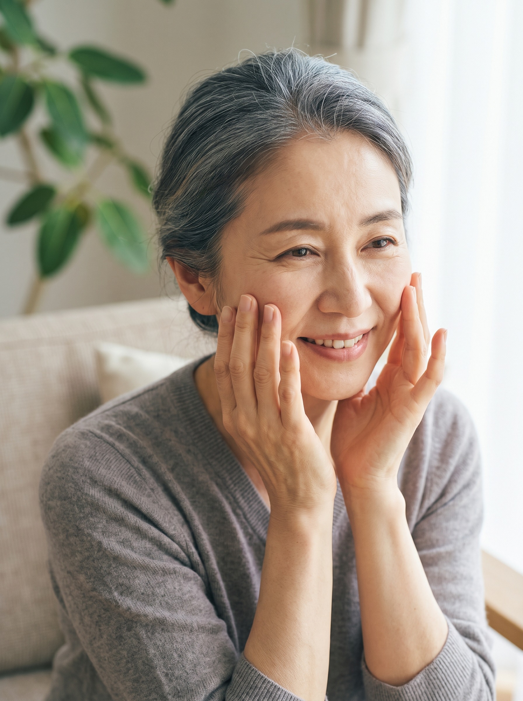 穏やかに微笑む50代女性の顔のアップ